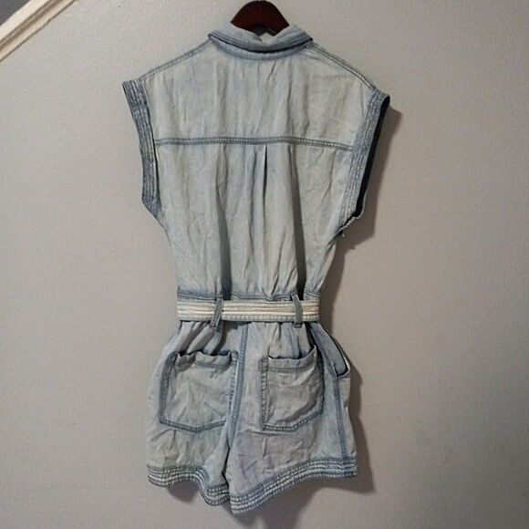 Happy X Nature Size 10 Denim Romper-Belted-Pockets-Light Wash-Pockets-Sleeveless - Picture 5 of 10